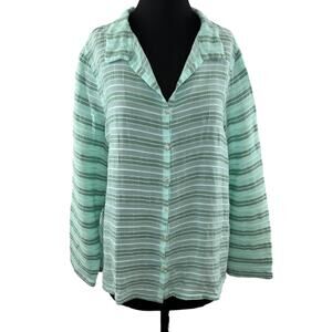 Fresh Produce Green Stripe Linen Collar V-Neck Button-Up Long Sleeve Top XL